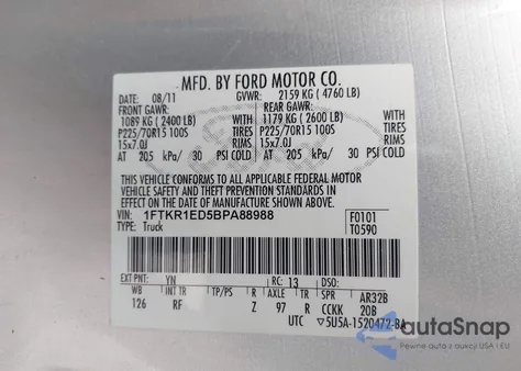 2011 Ford Ranger Xl из США, поврежденный, VIN 1FTKR1ED5BPA88988